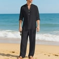thumbnail image 3 of Men's Solid Color Casual Fashion Linen Quarter Button Stand-Up Collar Long Sleeved Shirt Long Pants Beach Set Lightweight Sweatshirt Fall Clothes Two Piece Lounge Matching Set Men, 3 of 9