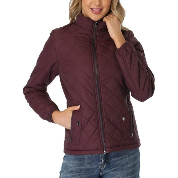 Fashnice Ladies Quilted Jackets Long Sleeve Coat Zip Up Outerwear Thermal Work Coats Wine Red M