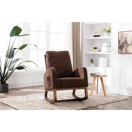 Rocking Chair Mid-Century Modern Nursery Rocking Armchair  Comfortable Fabric Rocker Padded Seat Wood Frame Tufted Upholstered High Back Accent Chair for Home Living Room  Coffee