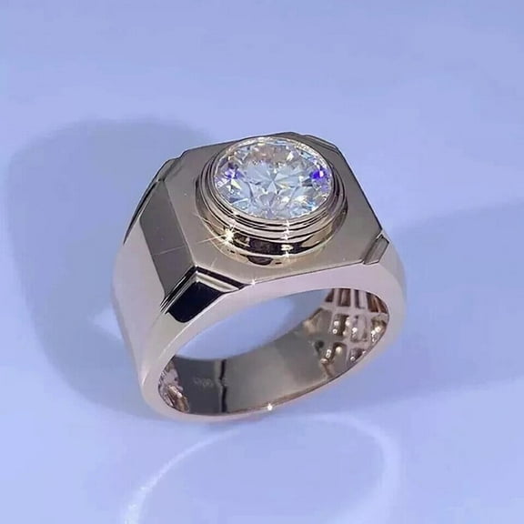 12 mm Round Cut Simulated Diamond Solitaire Bezel Set Men's Engagement Wedding Ring 14K Rose Gold Finish 925 Sterling Silver Gift For Him