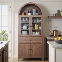 HIUU Farmhouse Kitchen Pantry Storage Cabinet,Arched Pantry Cabinet with Doors and Drawers,China Cabinets with Glass Doors,Dining Room Hutch(Walnut Brown)