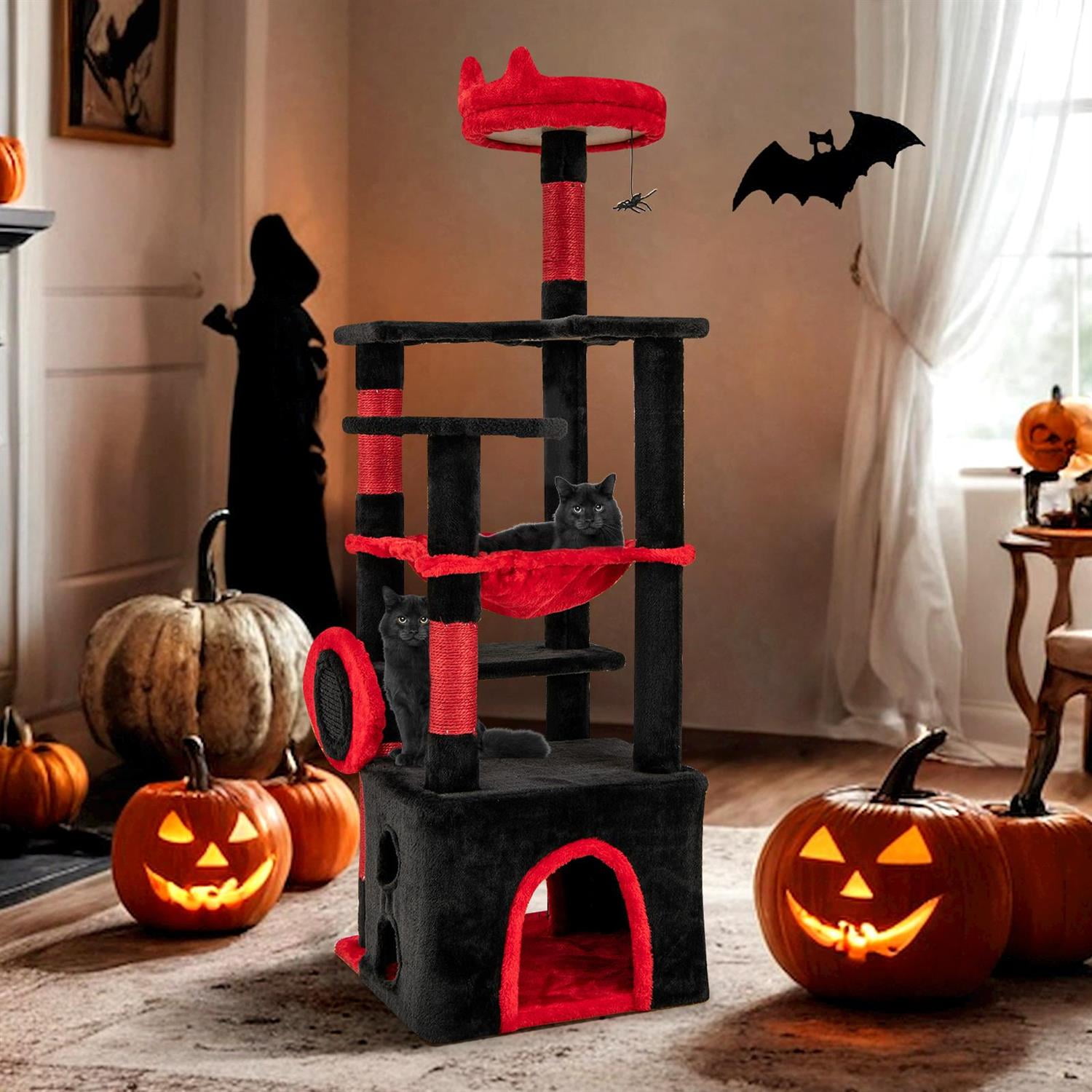 Pefilos Gothic Cat Tree, Plush Perch & Spider Dangling Toy, Condo & Sisal Scratching Posts, Black & Red
