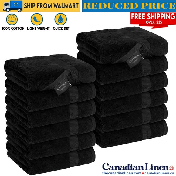 Canadian Linen Imperial Economy Washcloth Set 12 Pack, 12x12 inches, 100% Cotton Thin Towels Wash Cloths for Your Face & Quick Drying Towel for Bathroom Lightweight Fingertip Towels Black