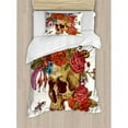 thumbnail image 3 of Day Of The Dead Duvet Cover Set Queen Size, Vintage Sugar Skull Bouquet of Flowers Feathers Blooms Bugs and Bees Print, Decorative 3 Piece Bedding Set with 2 Pillow Shams, Multicolor, by Ambesonne, 3 of 3