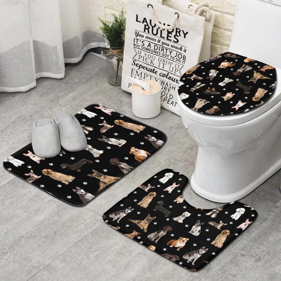 Dog Breeds Bathroom Rugs Sets 3 Piece,Toilet Cover Set,Absorbent Non Slip Bathroom Mats Sets with U-Shaped Contour Rug Toilet Rug Set