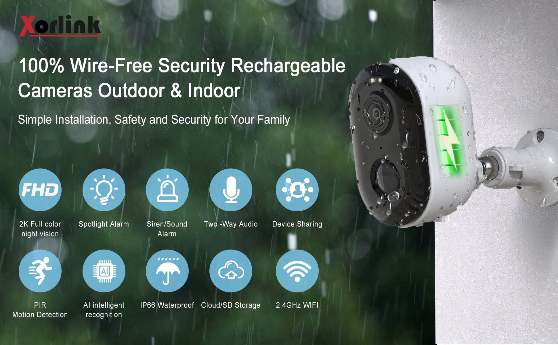 Xorlink 2K Wireless Outdoor Security Camera with Spotlight, Waterproof, PIR Detection, 2.4Ghz Wi-Fi, Rechargeable Battery Powered Home Surveillance Camera with Color Night Vision, 2-Way Audio, White