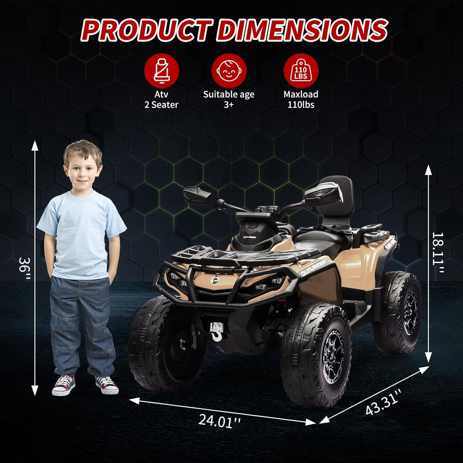 EastVita 2 Seater Ride On Car,24V Licensed Can-Am Electric ATV Car for Kids, 4 Wheeler Electric Toy Car with Bluetooth,Led,Leather Seaters,5 Mph Max Speed