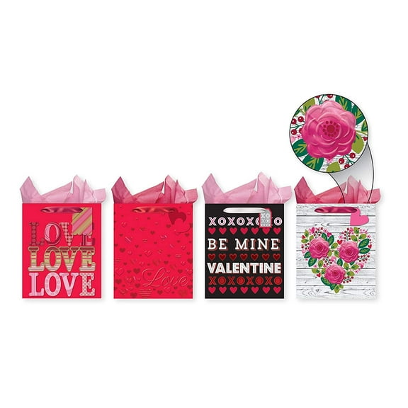 Pack of 4 Large Valentine's Heavy Emboss Gift Bags - Foil Embellishment with Heavy Embossing on Each Bag