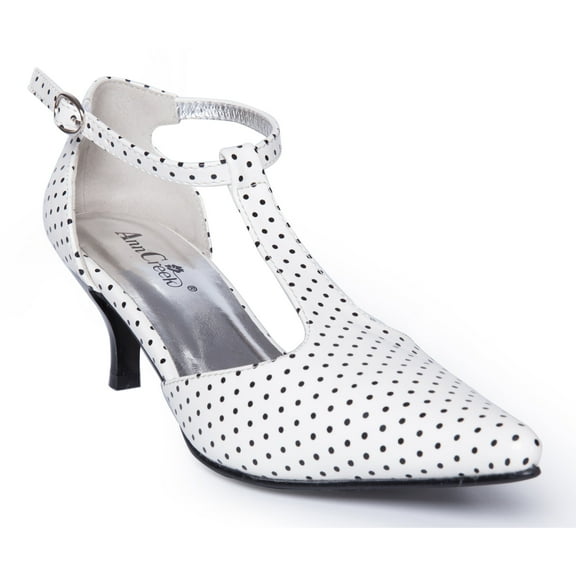 Ferwind Women's Kitten Heel T-Strap Sandals Polka-dot Assorted Colors Adult Polka-Dot White 10