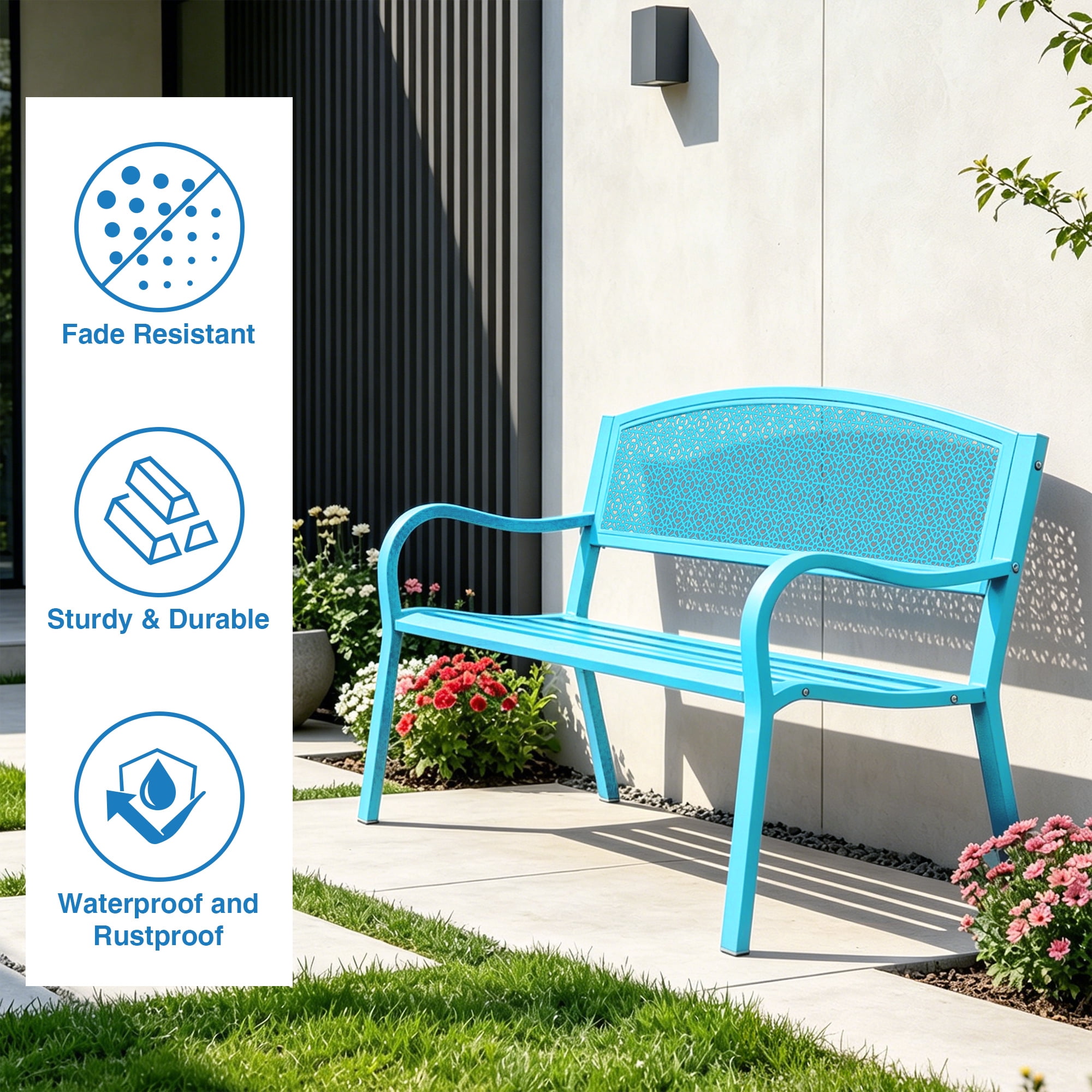 Kool 49in Outdoor Metal Garden Bench Steel Slat Patio Loveseat Park Bench for Porch Yard Lawn Patio Bench, Blue