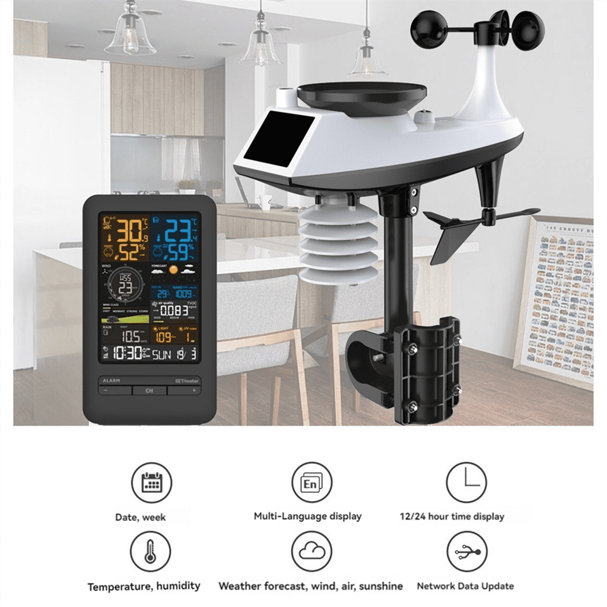 Tuya Weather Station Alarm Wifi Digital Wind Speed Direction Rainfall Light Index Air Quality Temperature Humidity Meter,Photo Color