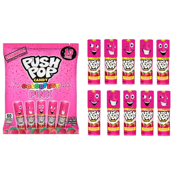 Push Pop Pink Colorfest - Pink Strawberry Lollipops Bulk Candy - 10 Count Individually Wrapped Lollipops - Assorted Candy