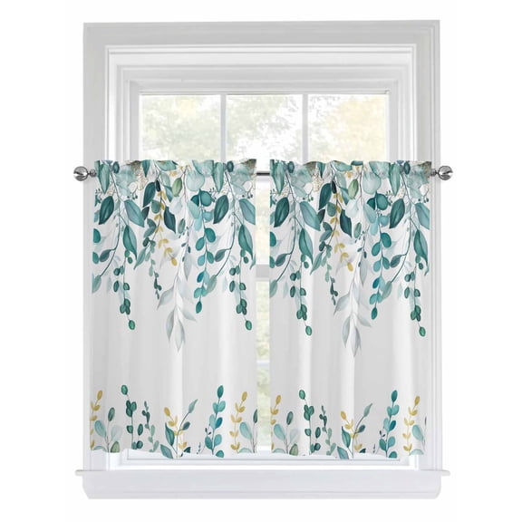 Turquoise Eucalyptus Leaves Kitchen Curtains 45 Inches length, Farmhouse Botanical Watercolor Window Treatment Curtain Drapes, Lightweight Window Panels for Living Room Bedroom, 52"x45", 2 Panels
