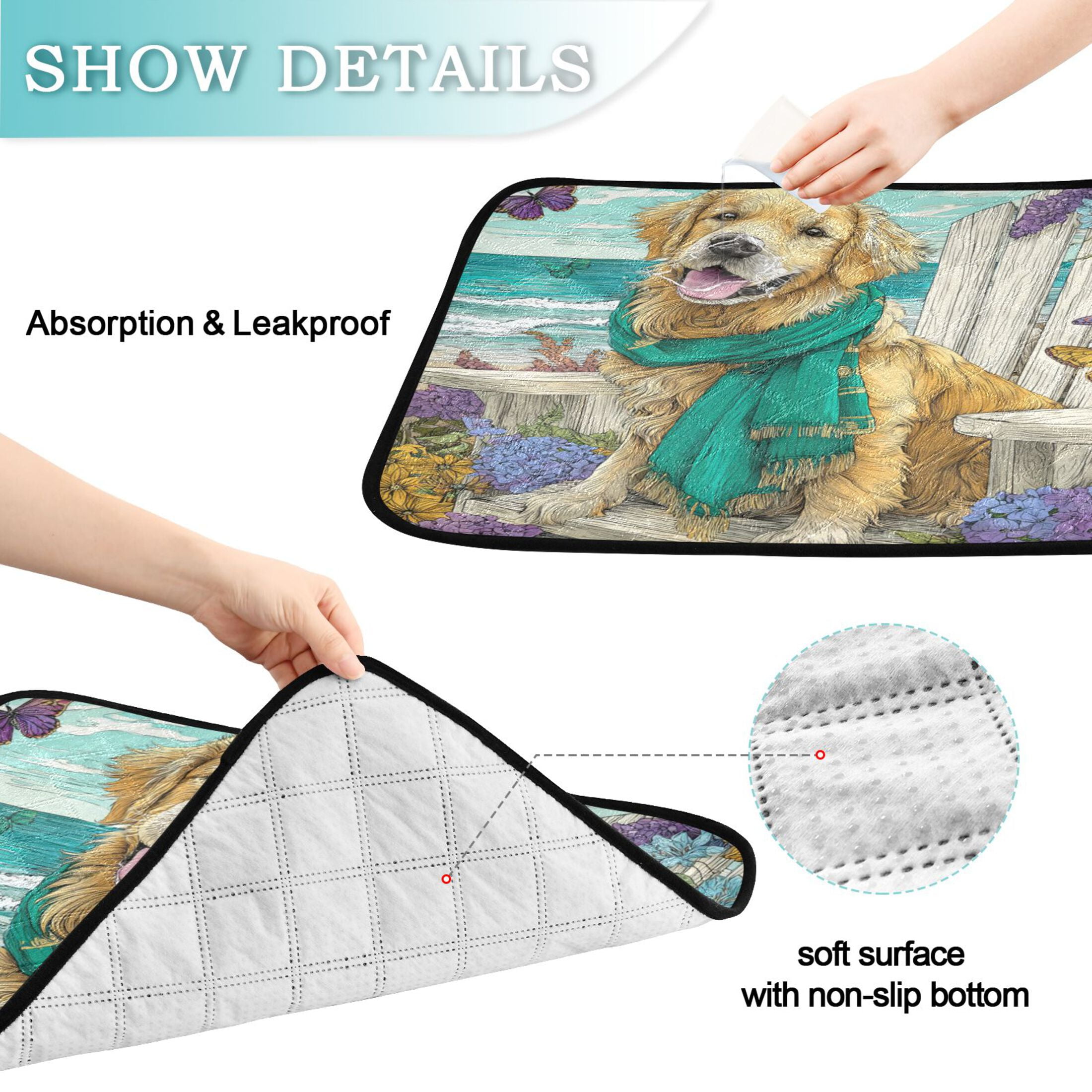 Qxltty Golden Retrievers Cat litter Pads Pet Set of 3 Diaper Mats Center Anti-leakage Layer Absorbent Soft and Comfortable