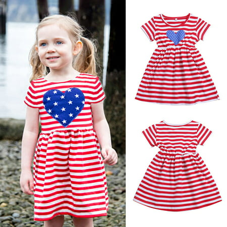 Fysho Summer Kids Girls Casual Short Sleeve Striped Print Dress Costume Baby Children Cotton