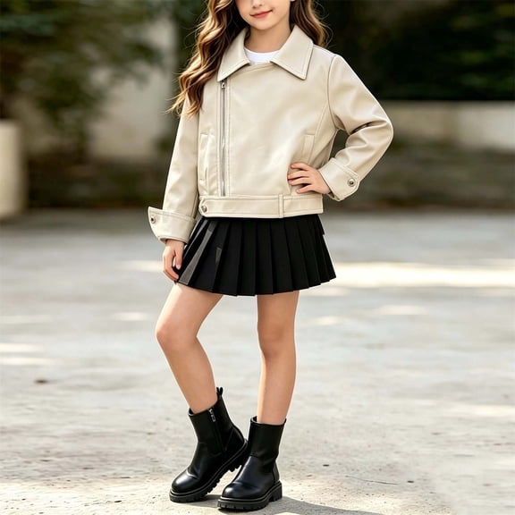 YUANxueke Faux Leather Jackets for Girls Zip Up Motorcycle Short Coat PU Fashion Outwear Slim Jacket,Beige,2-3 Years