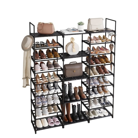 9-Tier Black Shoe Rack Organizer for 50-55 Pairs, Stackable Metal Shelf with Hooks for Entryway Bedroom Closet Storage
