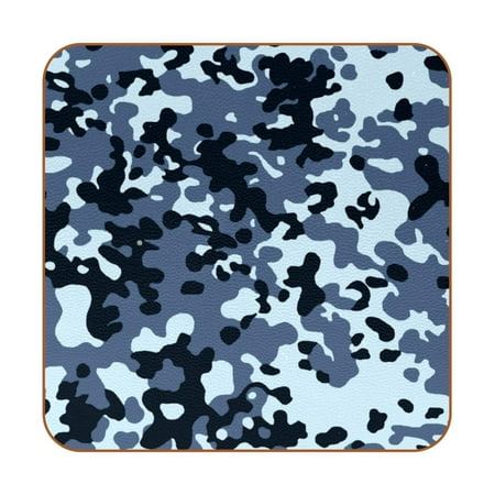 

OWNTA Blue Black Military Camouflage Pattern Premium 6-Piece Square Coaster Set in Microfiber Leather - Non-Slip & Absorbent Cup Mats