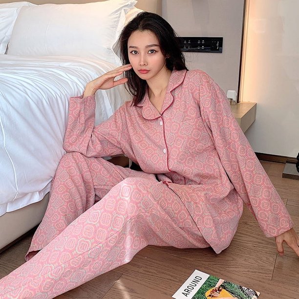 Pijama de algodón de gran tamaño para mujer, conjunto de dos piezas con pantalones de manga larga y estampado de dibujos animados, cárdigan de solapa para primavera y otoño, pijama fino
