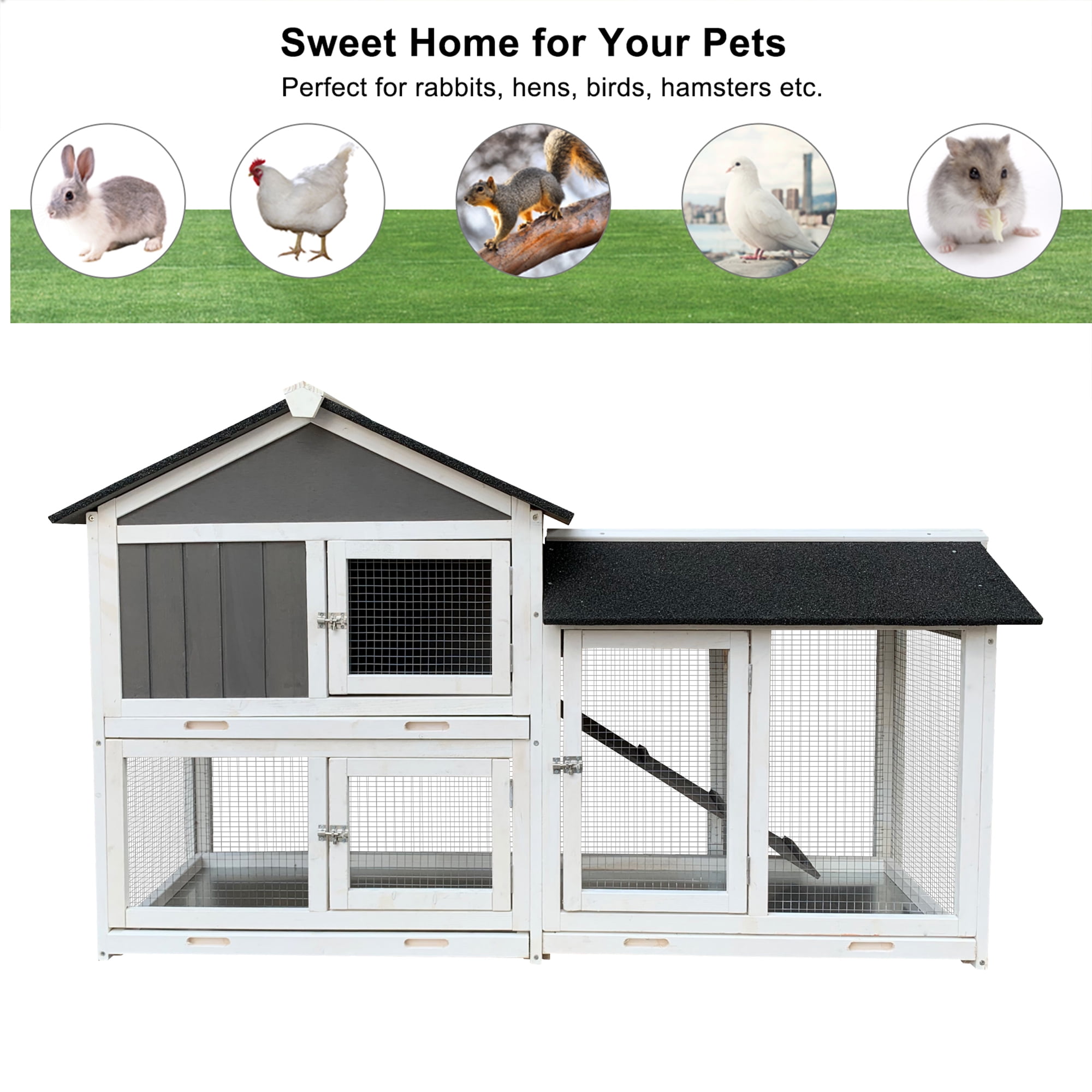 Segmart 61" Rabbit Hutch, Outdoor Indoor Chicken Coop Cage with Run, Wooden Guinea Pig Pet House Pull-Out Upper Tray, Grey