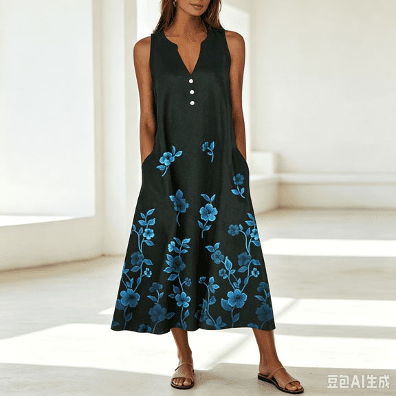 QUNYINEY Midi Dresses for Women Plus Size Summer Sleeveless Floral A Line Sundress with Pockets Loose Fit V Neck Casual Dresses S-3XL