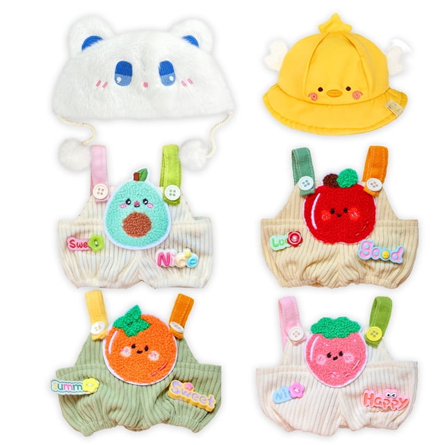 Conjunto Navideño y de Temporada para Muñeca de Algodón 20 cm, 6 Piezas (2 Sombreros + 4 Overoles de Pana), Atuendos Kawaii para Fotos, Regalo y Decoración