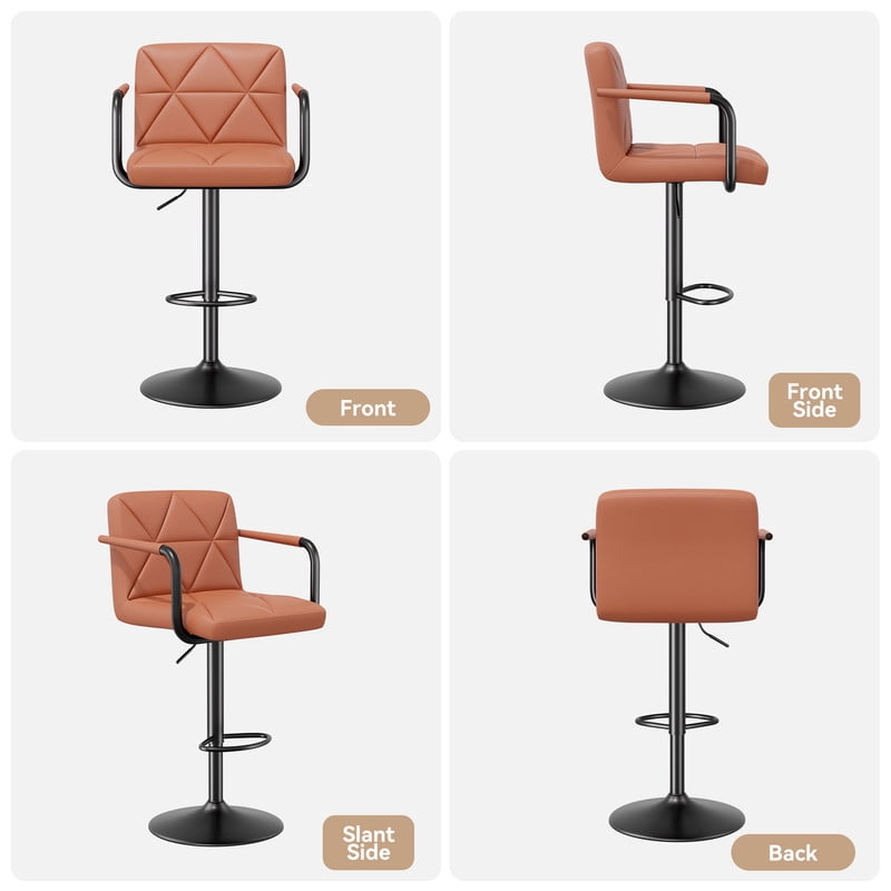 Hawsaiy Modern Bar Stools Set of 2, PU Leather Adjustable Swivel Bar Chairs with Armrests and Back, Hydraulic Counter Height Stools with Footrest for Kitchen Island, Dining Room, Bar, Umber
