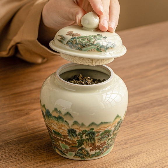 Masteelf Decorative Ceramic Tea Canister with Airtight Cover Kitchen Tea Jar Ceramic Storage Jars Vintage Chinese Style Storage Jars Traditional Loose Tea Canister