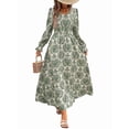 thumbnail image 2 of Women Floral Print V Neck A-Line Maxi Dress Long Sleeves Casual Wrap Autumn Beach Swing Green XL, 2 of 9
