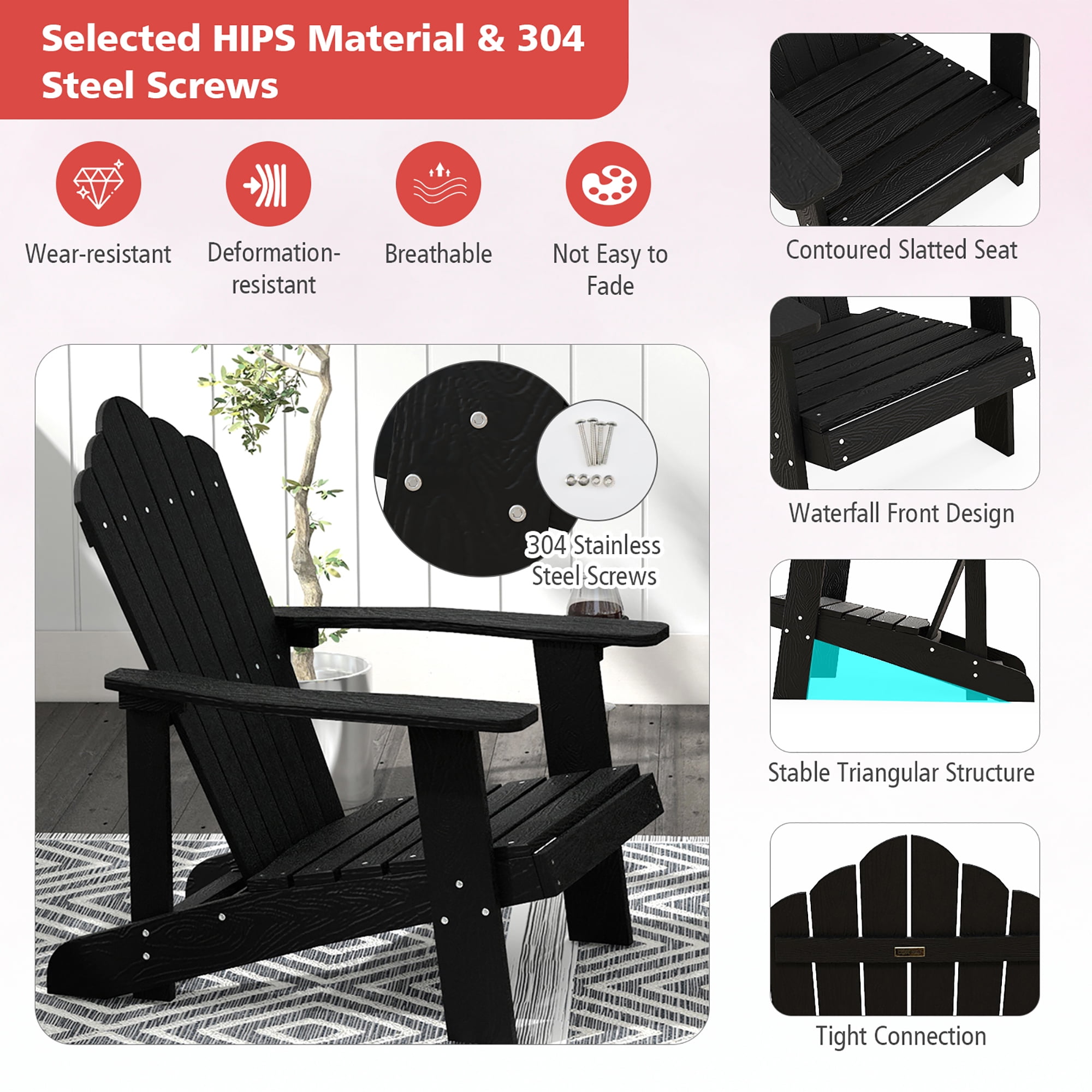 Gymax Patio HIPS Outdoor Weather Resistant Slatted Chair Adirondack Chair w/ Cup Holder Black