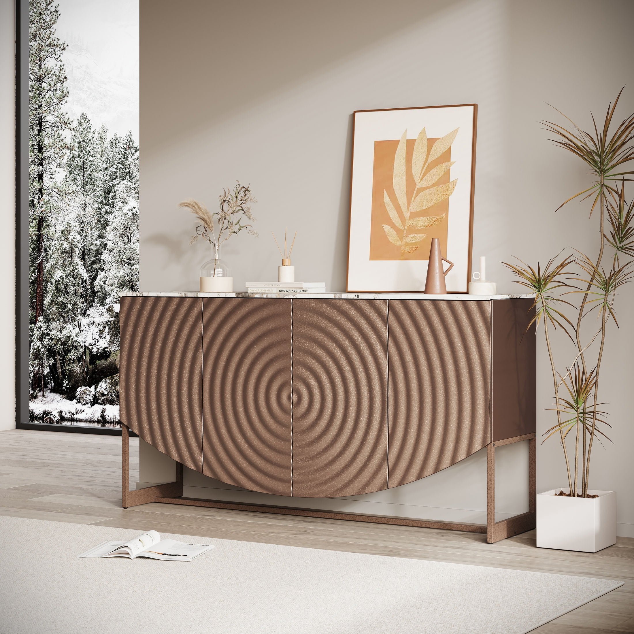 Noble House Amary 62.7" Sideboard Buffet Cabinet with 3D Wave Texture & Faux Marble Top, Antique Brown