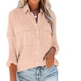 thumbnail image 2 of Women's 3/4 Sleeve Loose Button Down Shirt Blouse V-Neck Textured Tops Casual Work Shirt with Pocket Trendy Outfits, 2 of 6