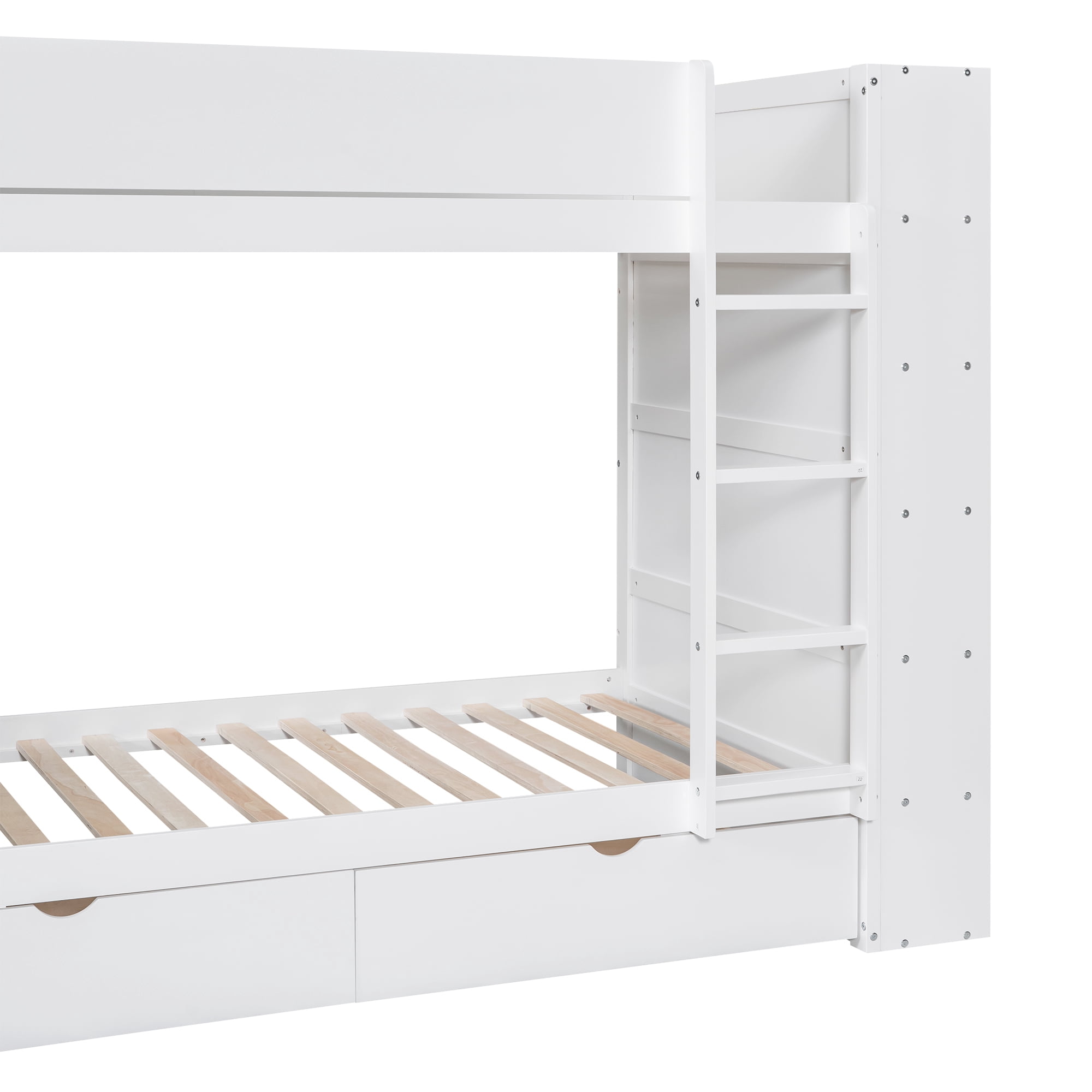 Euroco Wood Twin over Twin Bunk Bed with Drawers and Storage Shelves, White
