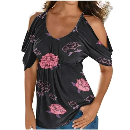 

JURANMO Clothing Clearance Women Clearance Tops Women Short Sleeve Off Shoulder Shirts Floral Skims Dupe Slim Tunics Tops Bustier Shirts Crew Neck Spandex Shirts XXL