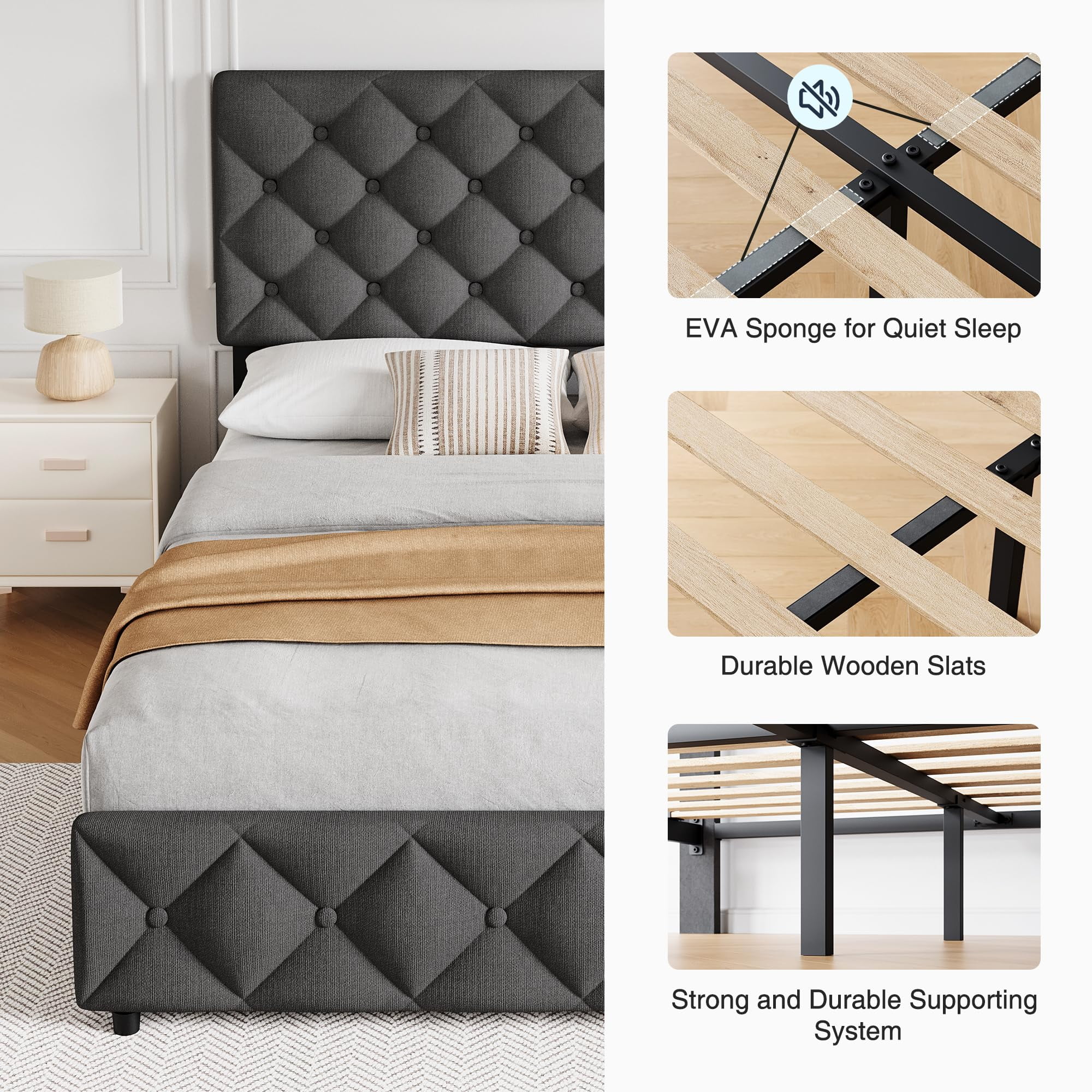 WhizMax Queen Size Linen Upholstered Bed Frame with 4 Storage Drawers, Adjustable Diamond Stitched Tufted Headboard, Noise-Free, No Box Spring Needed, Dark Grey - Walmart Business Supplies WhizMax Queen Size Linen Upholstered Bed Frame with 4 Storage Drawers, Adjustable Diamond Stitched Tufted Headboard, Noise-Free, No Box Spring Needed, Dark Grey - Walmart Business Supplies