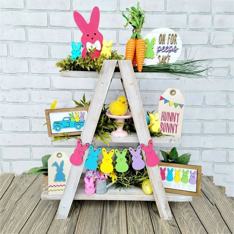 MIASHUI Vintage Easter Decor 1 Set of Easter Tiered Tray Decor Easter Table  Wooden Sign Decorations Easter Bunny Tray Decor Tabletop Decor Rustic