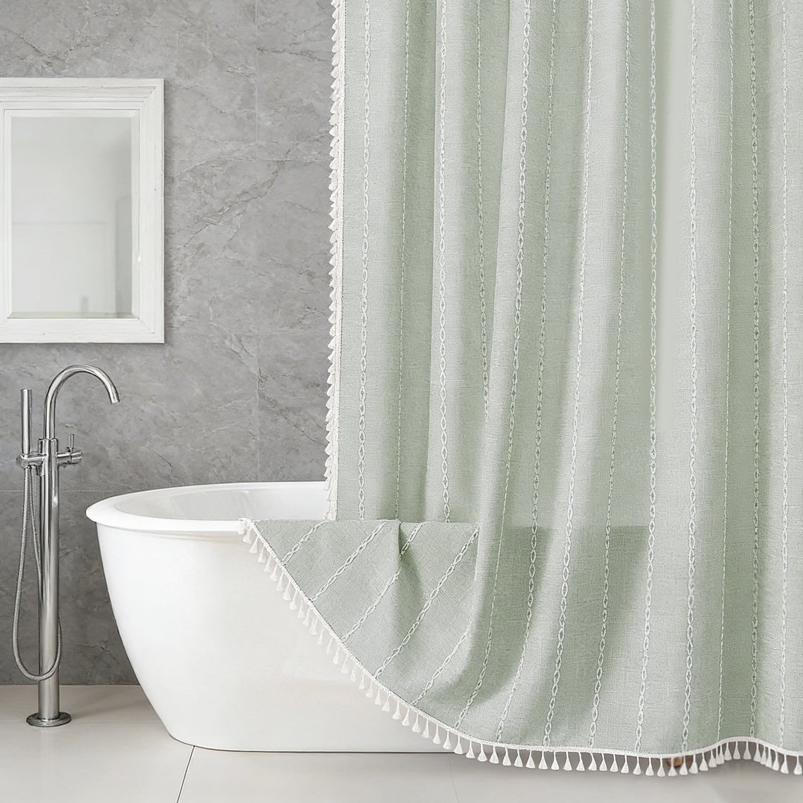 Dznils Boho Tassel Shower Curtain with Hooks, Farmhouse Thick Cloth Linen Fabric Bathroom Curtain, Green, 72" x 72"