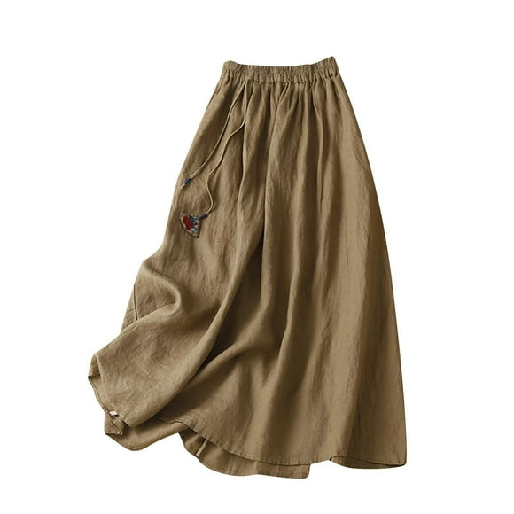 Mrat Floral Skirts Women's Summer Solid Embroidery Elastic Waist Cotton Linen Ankle Skirt Bubble Skirts S-204 Khaki M