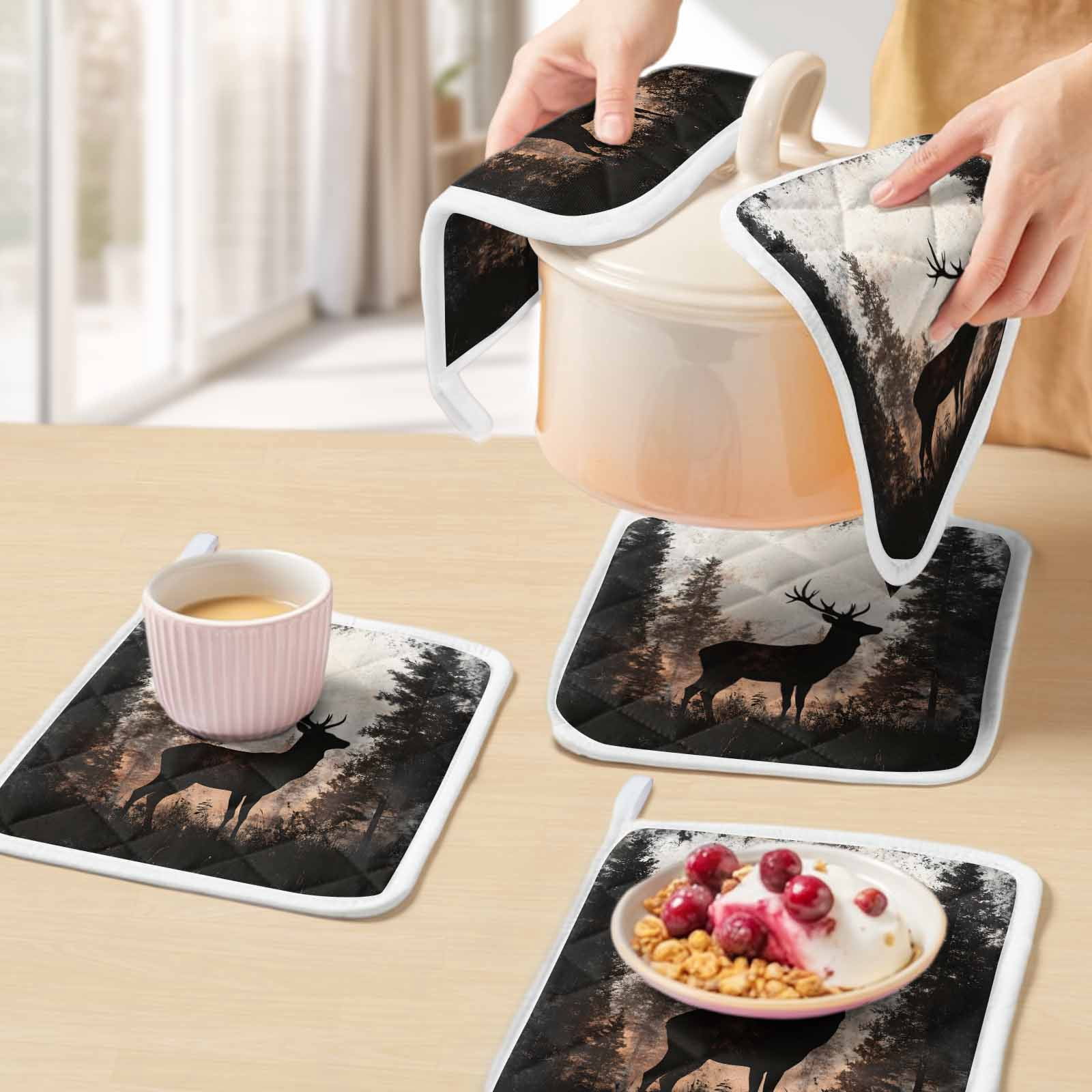 Forest Tree Elk Pot Holders for Kitchen Heatproof Potholder, 3 Pack Vintage Black Deer Animal Wild Plant Hot Pads Multipurpose Oven Pads Cloth Potholders Trivet for Cooking Baking