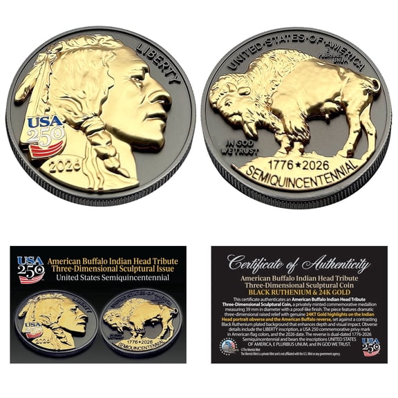 1776-2026 Black Ruthenium & 24K Gold 3-Dimensional American Buffalo Tribute Coin, America 250