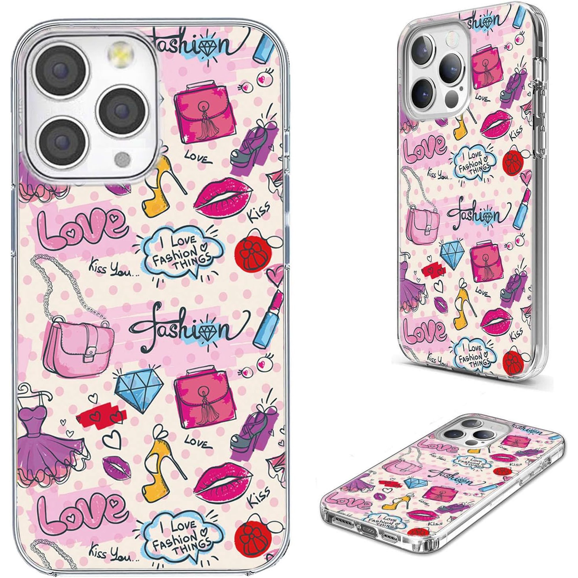 for iPhone 15 Pro Max Case for Women Girl, Full Protective Shockproof Slim Soft TPU Clear Phone Cover Cases Design for iPhone 15 ProMax, Girlish i Love Fashion Bag Lips Shoe Lipstick Diamond