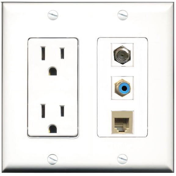 RiteAV - 15 Amp Power Outlet 1 Port RCA Blue 1 Port Coax 1 Port Phone Beige Decorative Wall Plate