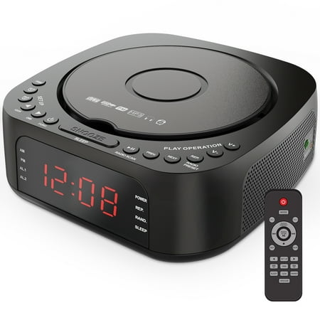 KUEPHOM CD Player Alarm Clock Radio with Remote:CD/MP3,Bluetooth,FM player with Speakers,USB Charger and Dimmable Display for Bedroom-Dual Alarm with Optional Sound Suitable for Heavy/light Sleeper.