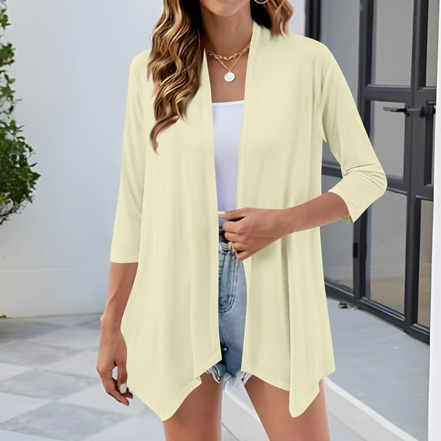 Soki Cardigan Léger à devant Ouvert pour Femmes, Manches 3/4, Décontracté, Doux, Drapé, Cardigan d'Automne, P-2TG