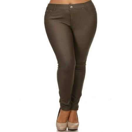 MOA COLLECTION Women's Plus Size Solid Casual Comfort Lightweight Stretchy Jean Pocket Legging Pants