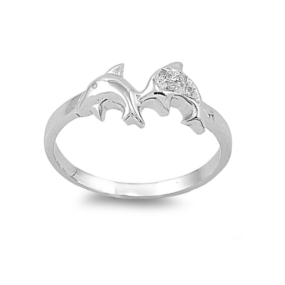 Dolphins Cubic Zirconia Ring Sterling Silver 925 Size 8