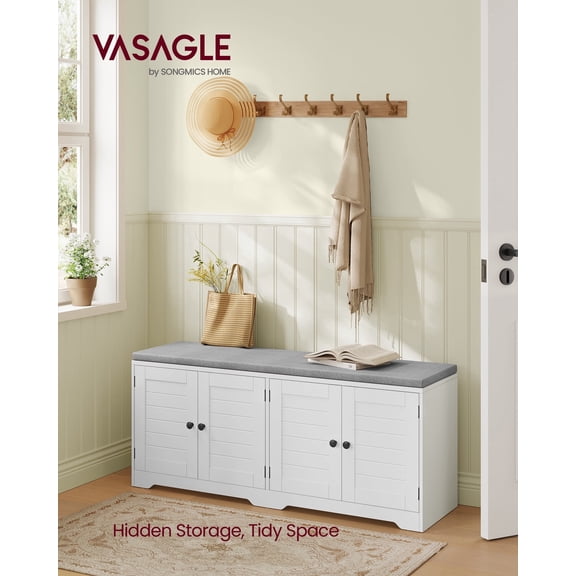 Shoe Storage Bench, 3-Tier Entryway Bench with Padded Seat & Adjustable Shelves, 300 lb Capacity for Hallway Bedroom, Cloud White & Gray