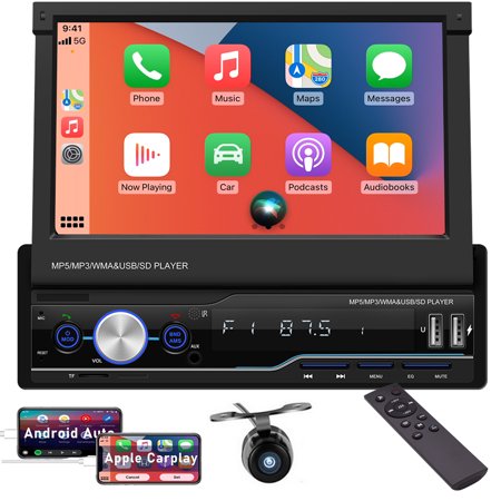 Single Din Car Stereo Carplay Android Auto Car Radio with Backup Camera Bluetooth 5.0 7 inch Touch Screen Car Audio MP5 Digital Media Player Support USB, TF, FM AM Radio, Aux-in, SWC,Mirror Link