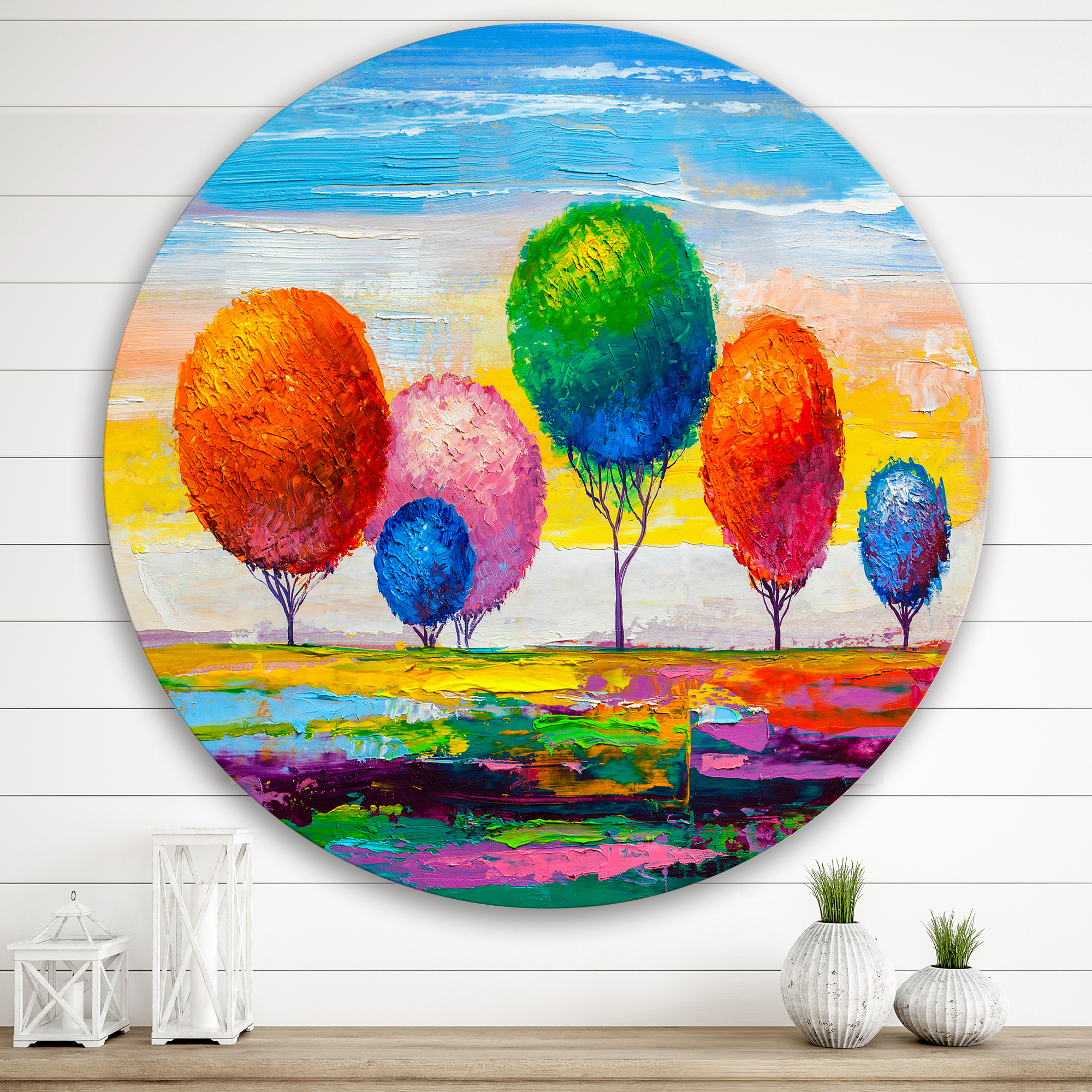 Designart 'Ornamental Colourful Trees VI' Modern Circle Metal Wall Art 36x36 - Disc of 36