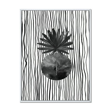 Designart 'Black and White Striped Under Tropical Leaf I' Modern Framed Canvas Wall Art Print